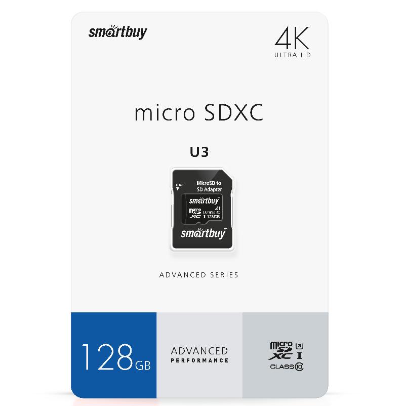 Карта памяти MicroSDXC 128GB SmartBuy U3 V30 A1 (с адаптером)