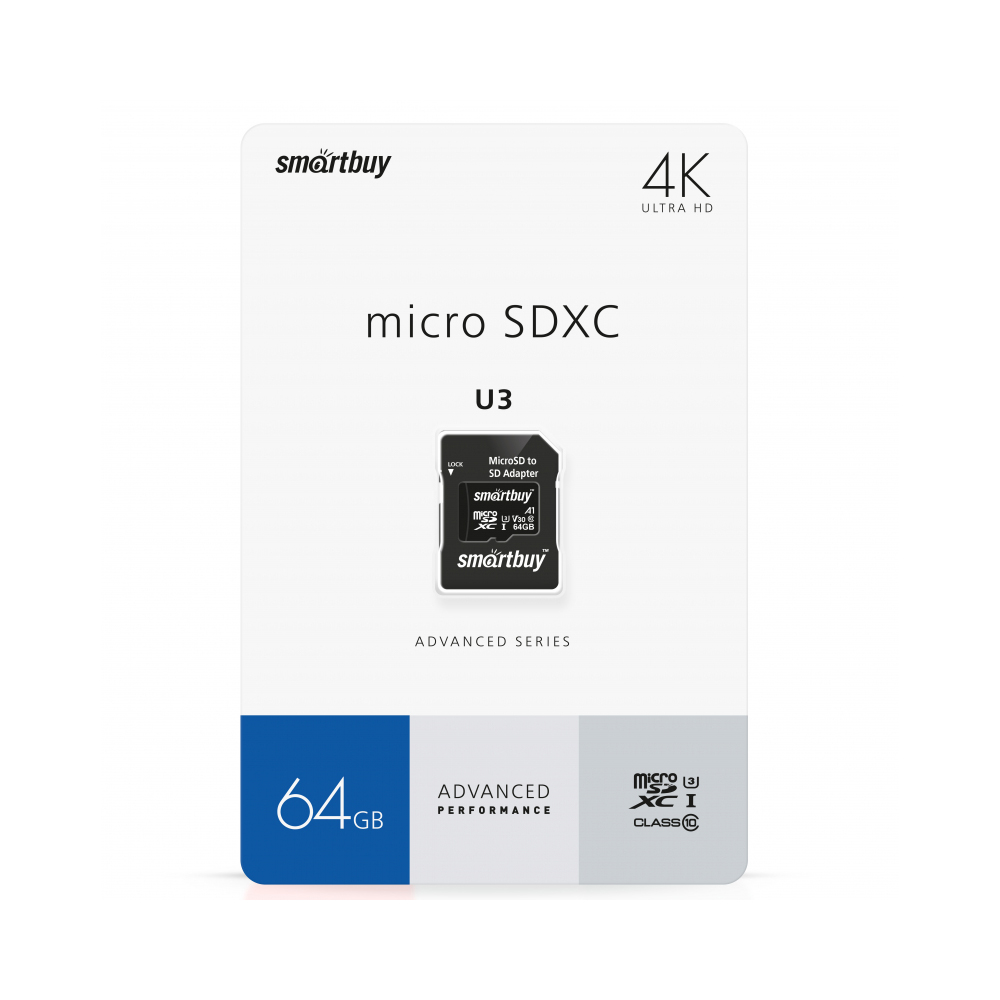 Карта памяти MicroSDXC 64GB SmartBuy U3 V30 A1 (с адаптером)
